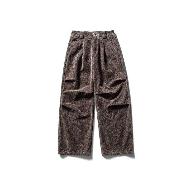 Brown corduroy-textured wide-leg trousers, front flat lay with pleats, button waistband and side pockets