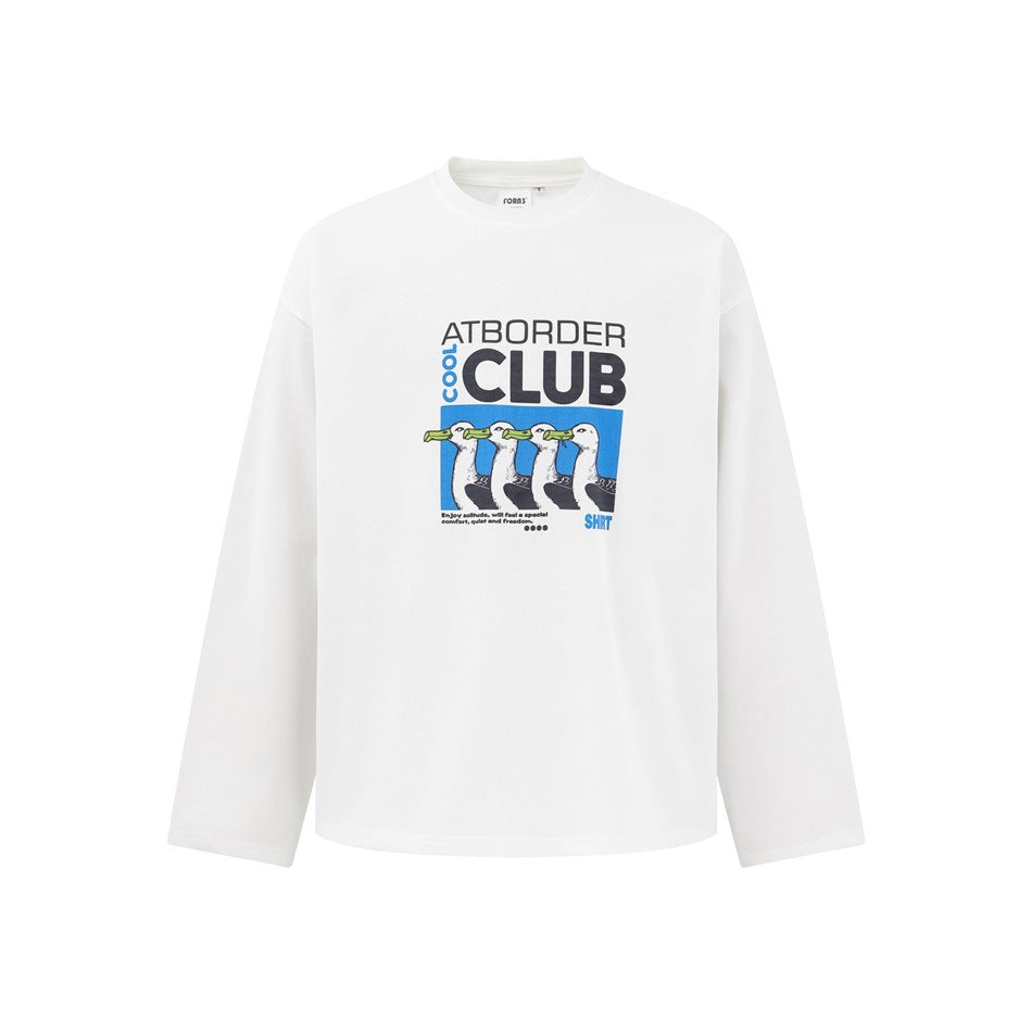 White long-sleeve crew-neck top with a blue seagull graphic and ATBORDER COOL CLUB print on the chest