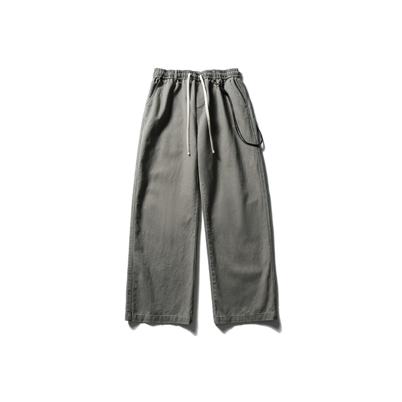 Gray-green wide-leg drawstring pants with elastic waist, flat lay front view with black cord detail