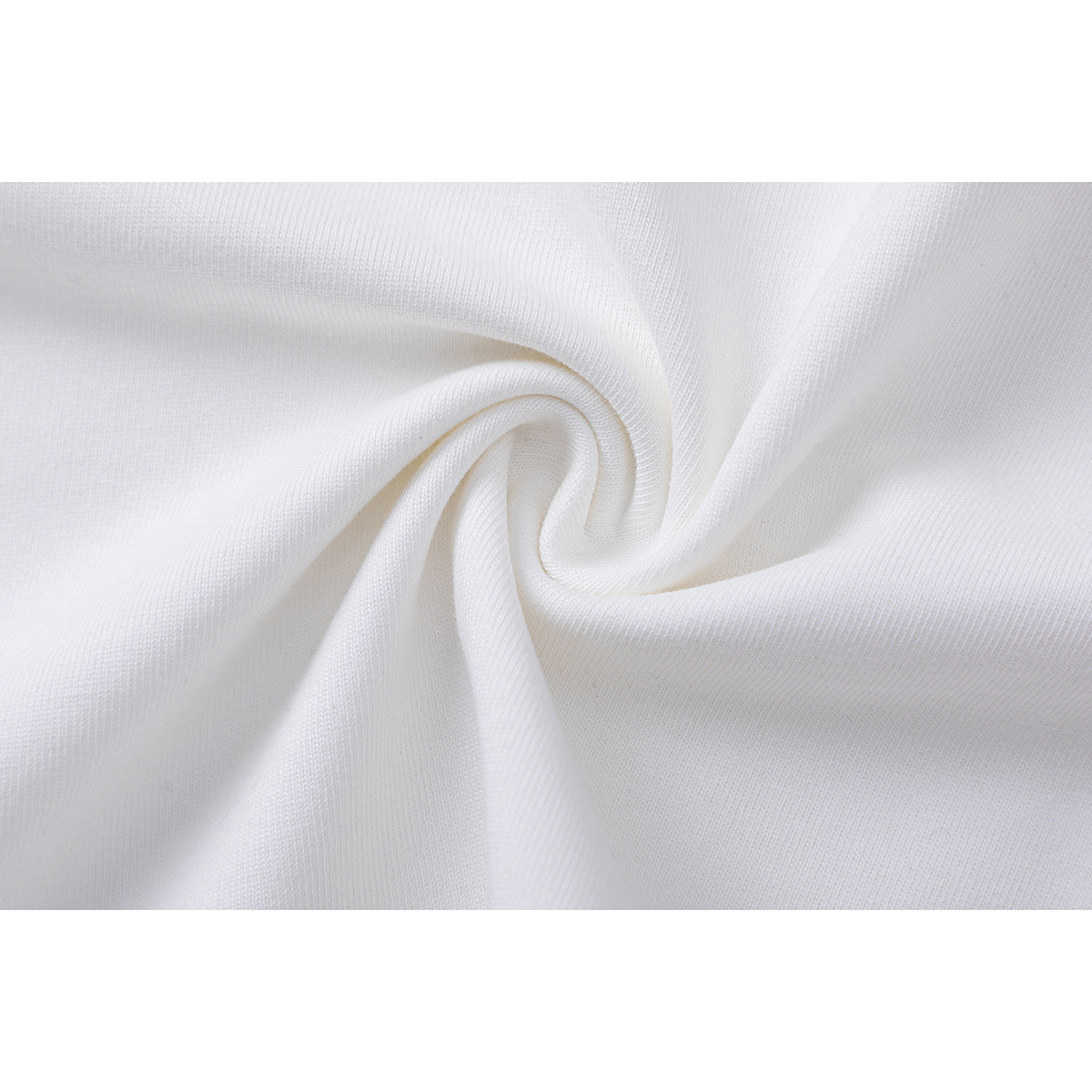 Close-up of white fabric gathered into a twist, showing its knit texture.