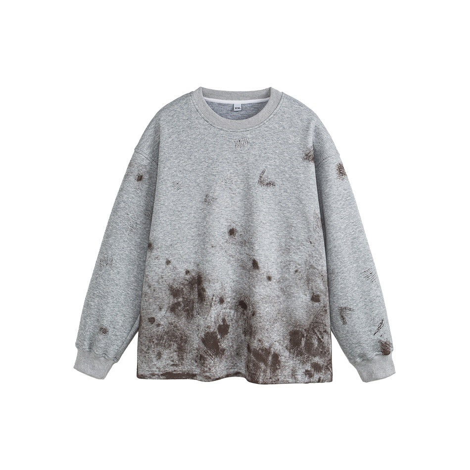 Gray crew-neck sweatshirt with brown distressed paint splatter print, flat front view