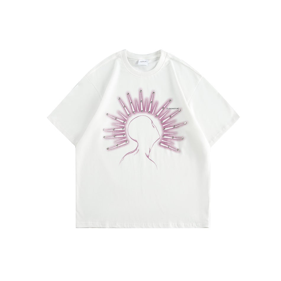 White short-sleeve crew-neck T-shirt with pink-purple head silhouette and radiating ray graphic with metallic dots