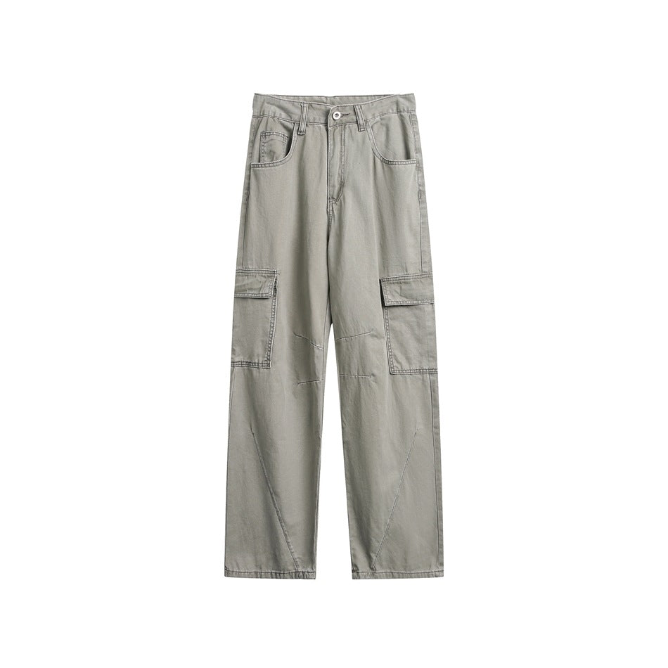 Gray-brown wide-leg cargo pants flat lay, front view, with flap thigh pockets and diagonal leg seams