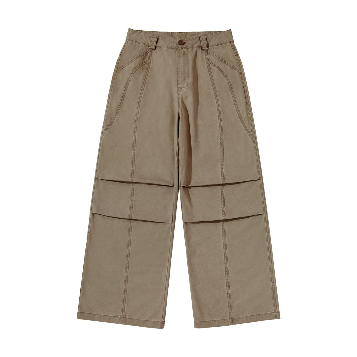 Khaki wide-leg pants, front flat lay, with knee pleats, curved front pockets and a button fly