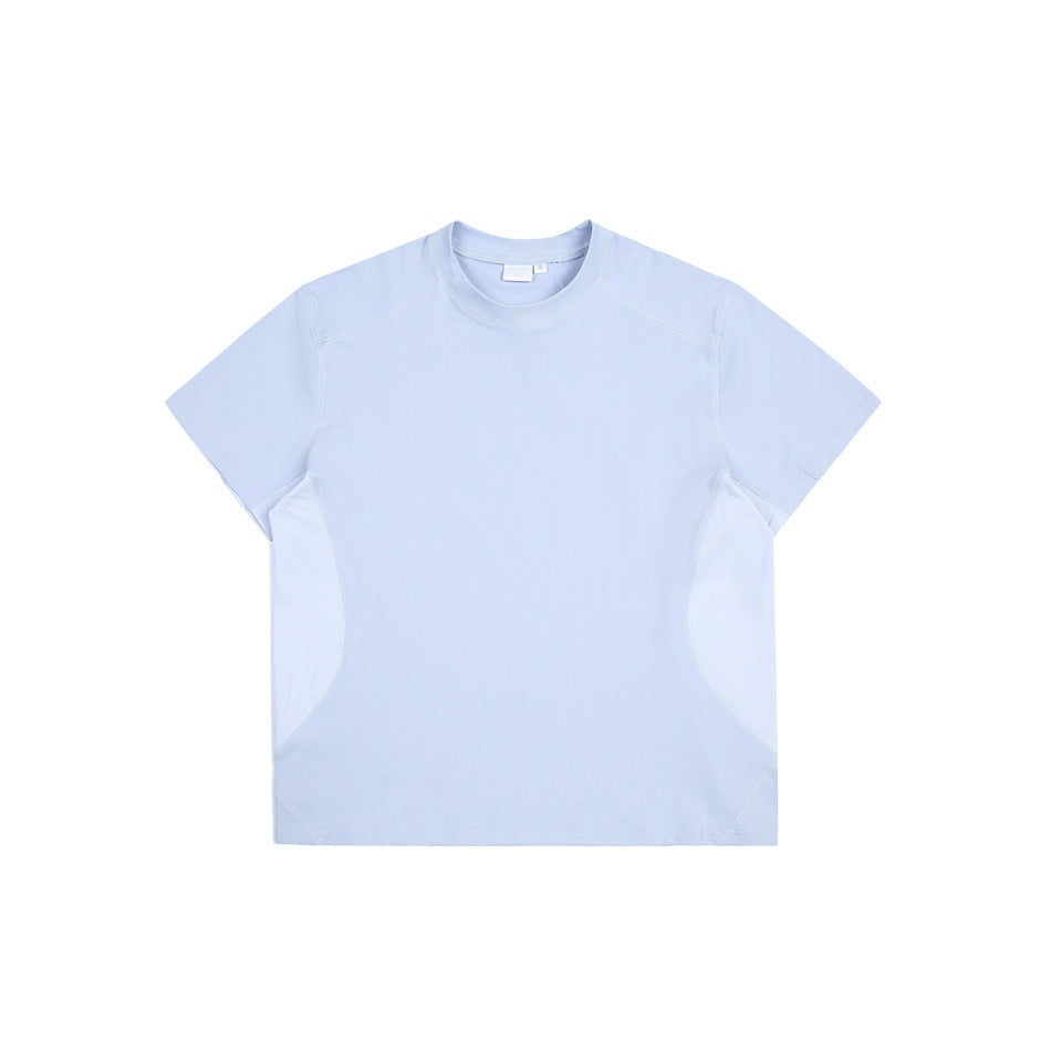 Front of a pale blue short-sleeve shirt with white curved side panels and a crew neck.