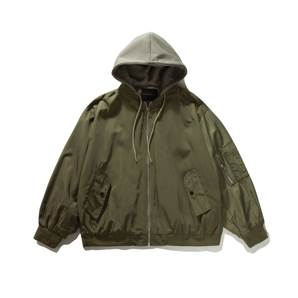 Army green zip-up bomber jacket with light gray-green hood, flap pockets, ribbed hem and sleeve zip pocket, front flat lay