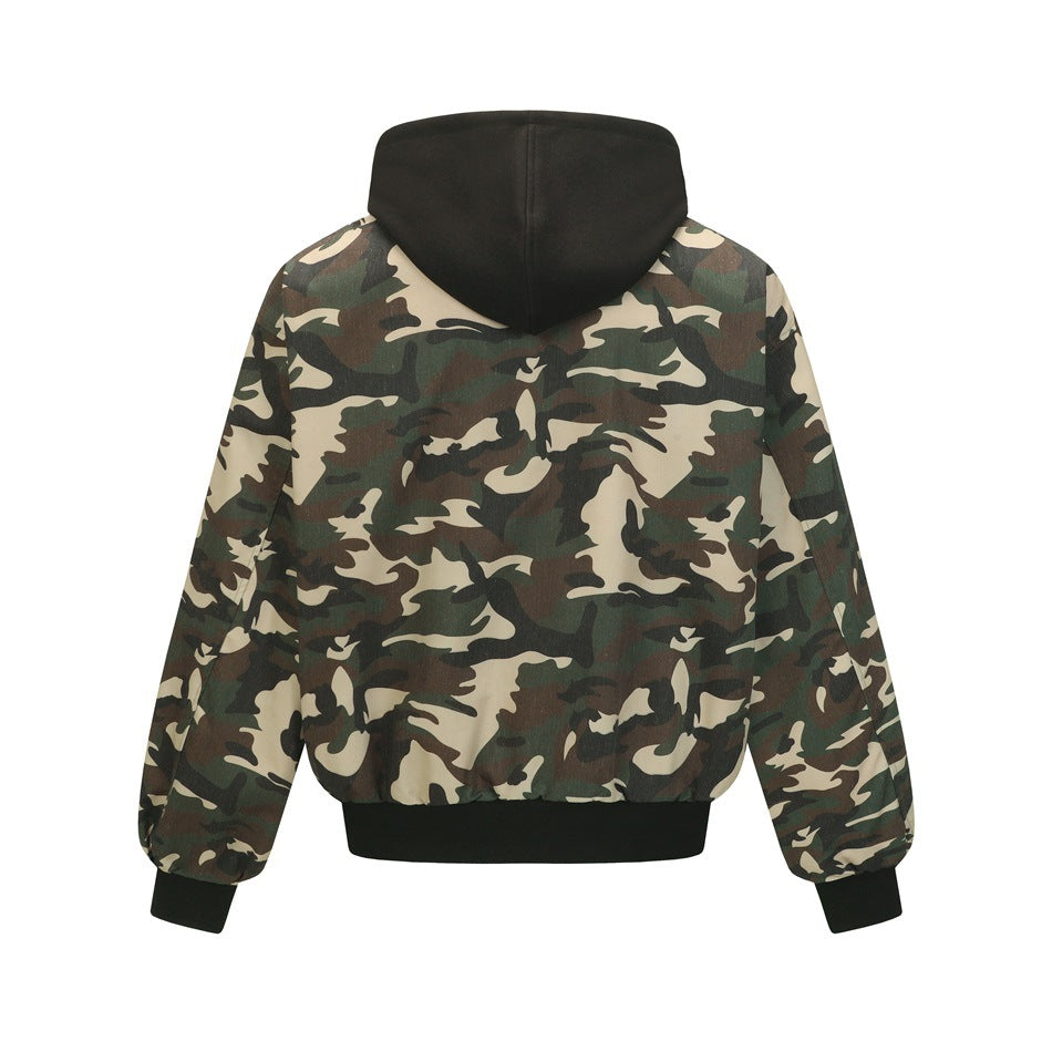Back view of a camouflage hooded jacket with a black hood, ribbed cuffs, and ribbed hem, shown flat.
