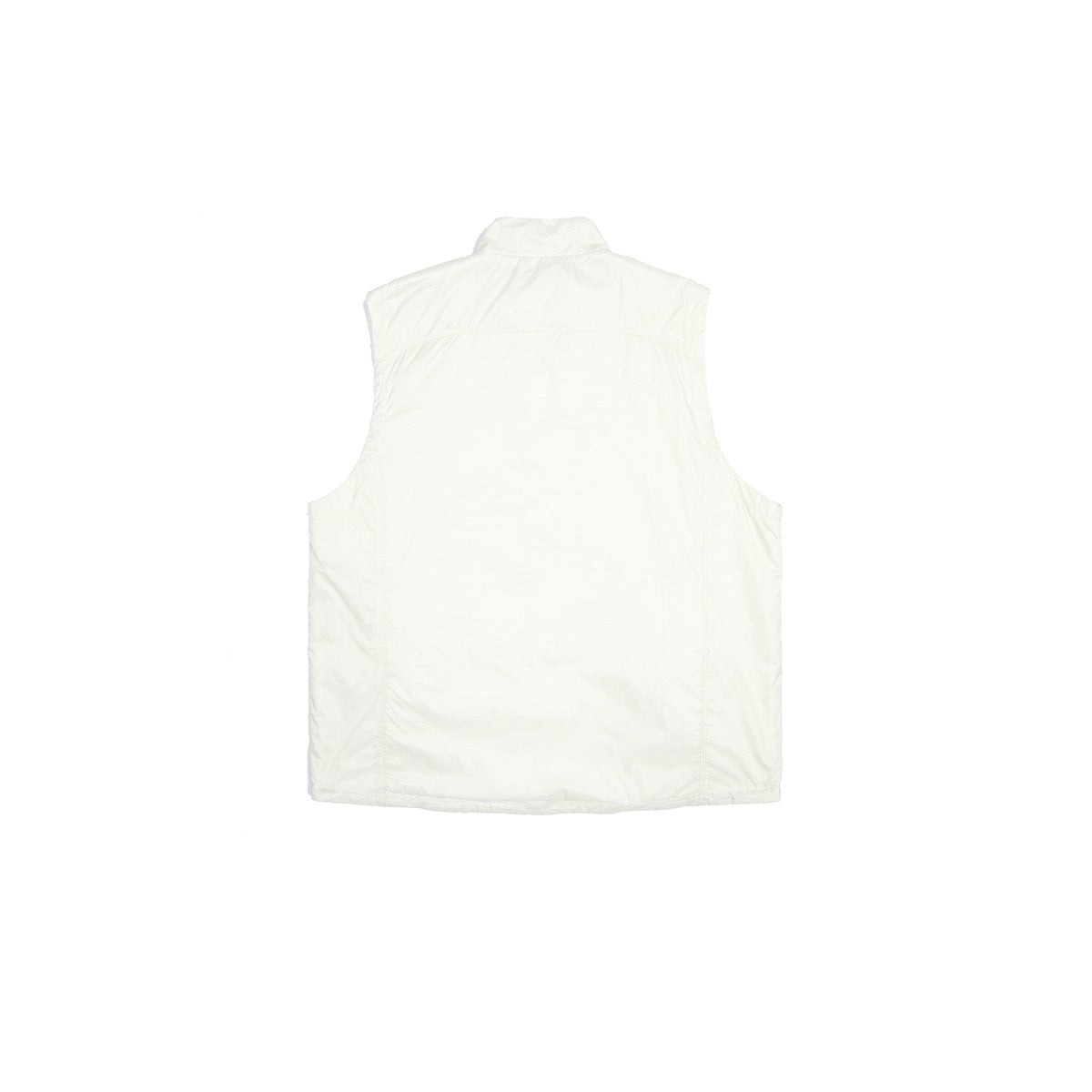 Back view of an off-white sleeveless vest with a stand collar.