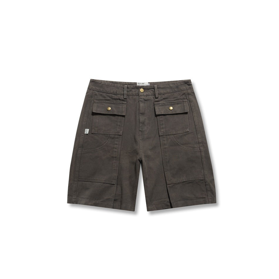 Gray-brown knee-length cargo shorts, front view, with two flap pockets with snap buttons and a button waist