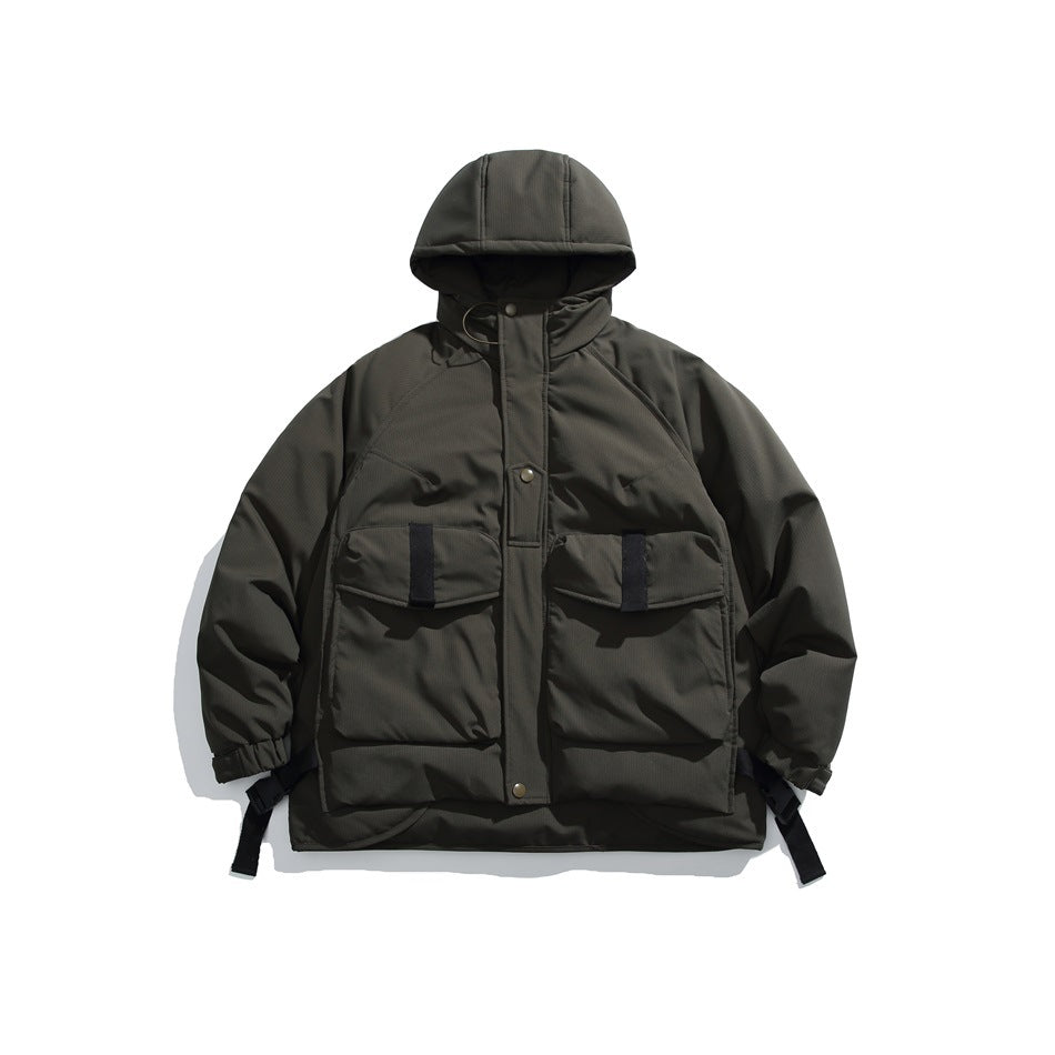 Army green hooded puffer jacket, front flat lay, with two flap chest pockets and black strap tabs