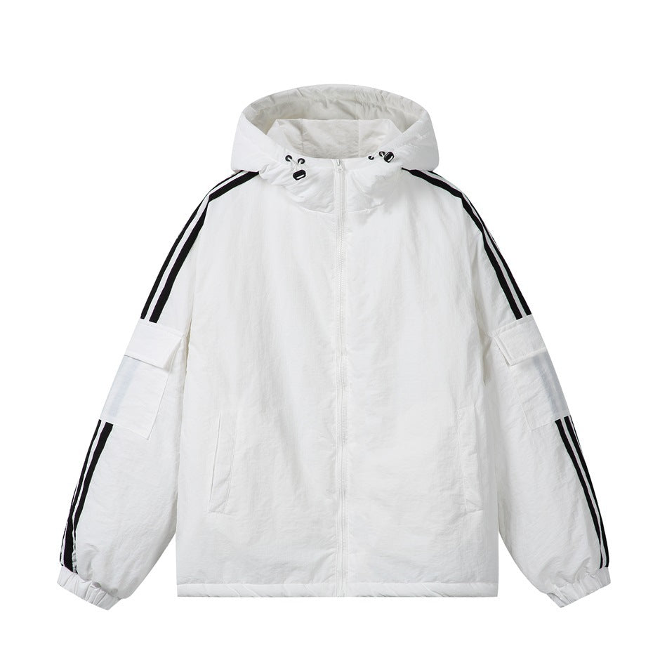 White hooded padded zip jacket with black sleeve stripes and sleeve flap pockets, front view