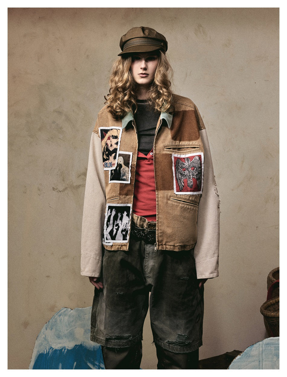 Model wearing a brown patchwork jacket with pale sleeves, a striped green collar and graphic patches.