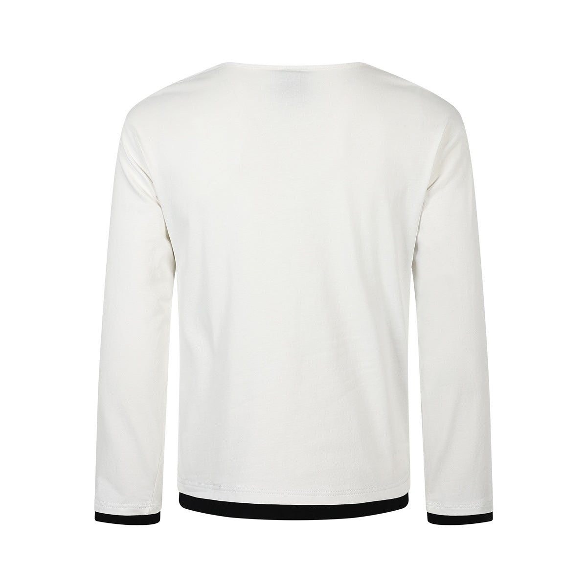 Back view of white long-sleeve top with black contrast trim at hem and cuffs