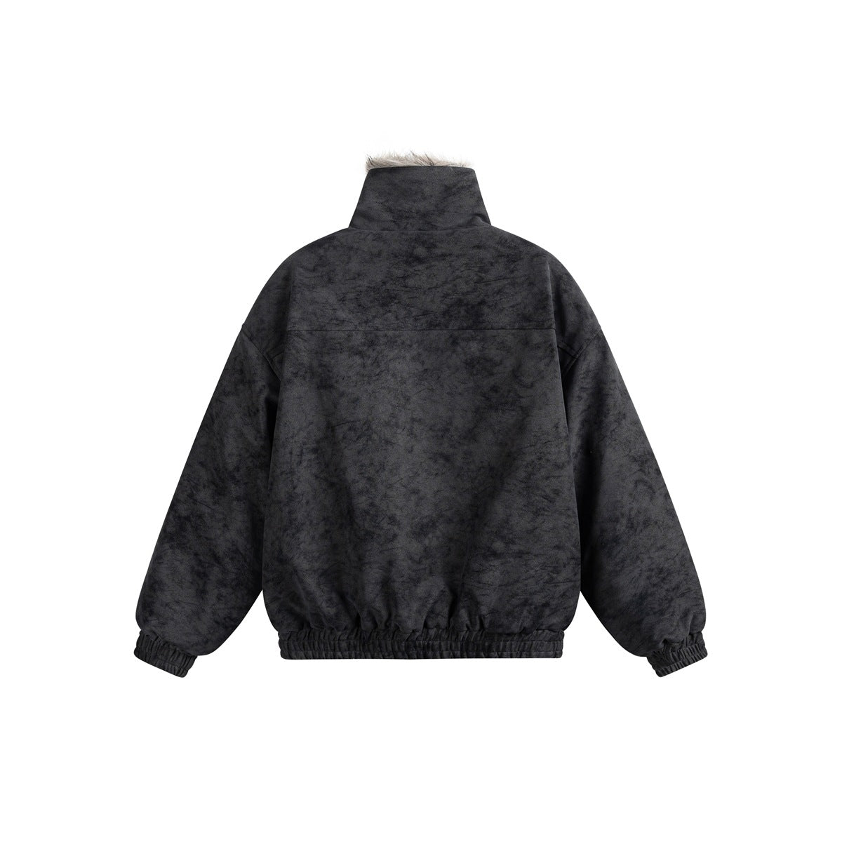Back view of a charcoal mottled jacket with a high collar, long sleeves, and gathered hem and cuffs.