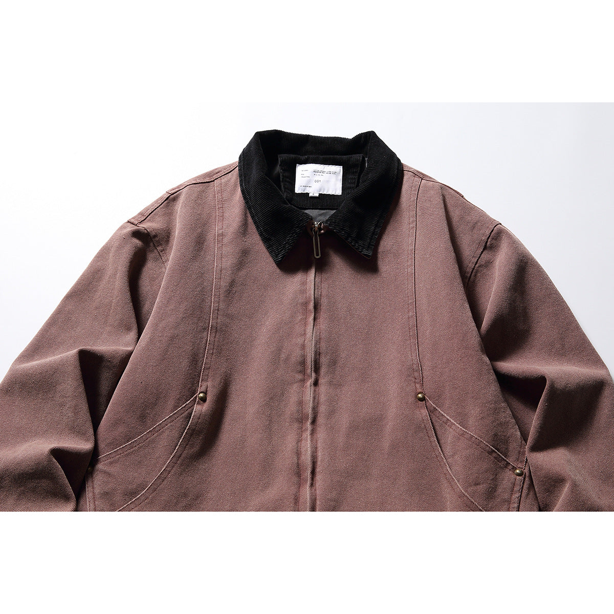 Front view of a muted mauve-brown jacket with a black collar, front zipper, and curved snap-pocket details.