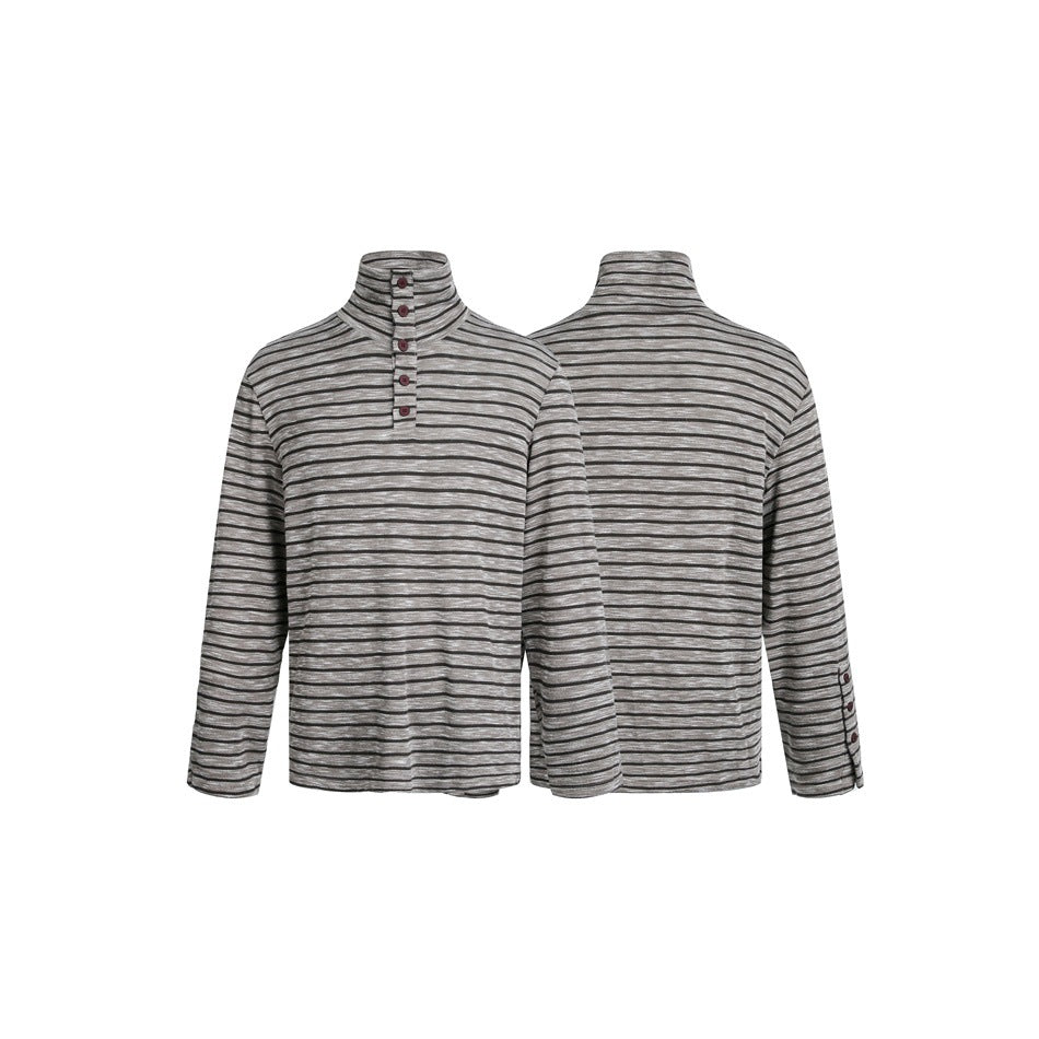 Gray long-sleeve henley with thin dark horizontal stripes, shown from the front and back.