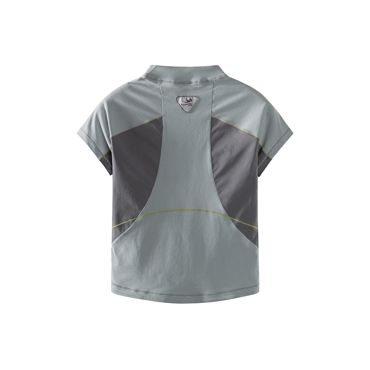 Back view of a pale gray-green short-sleeve top with charcoal side panels, lime piping, and a small shield patch.