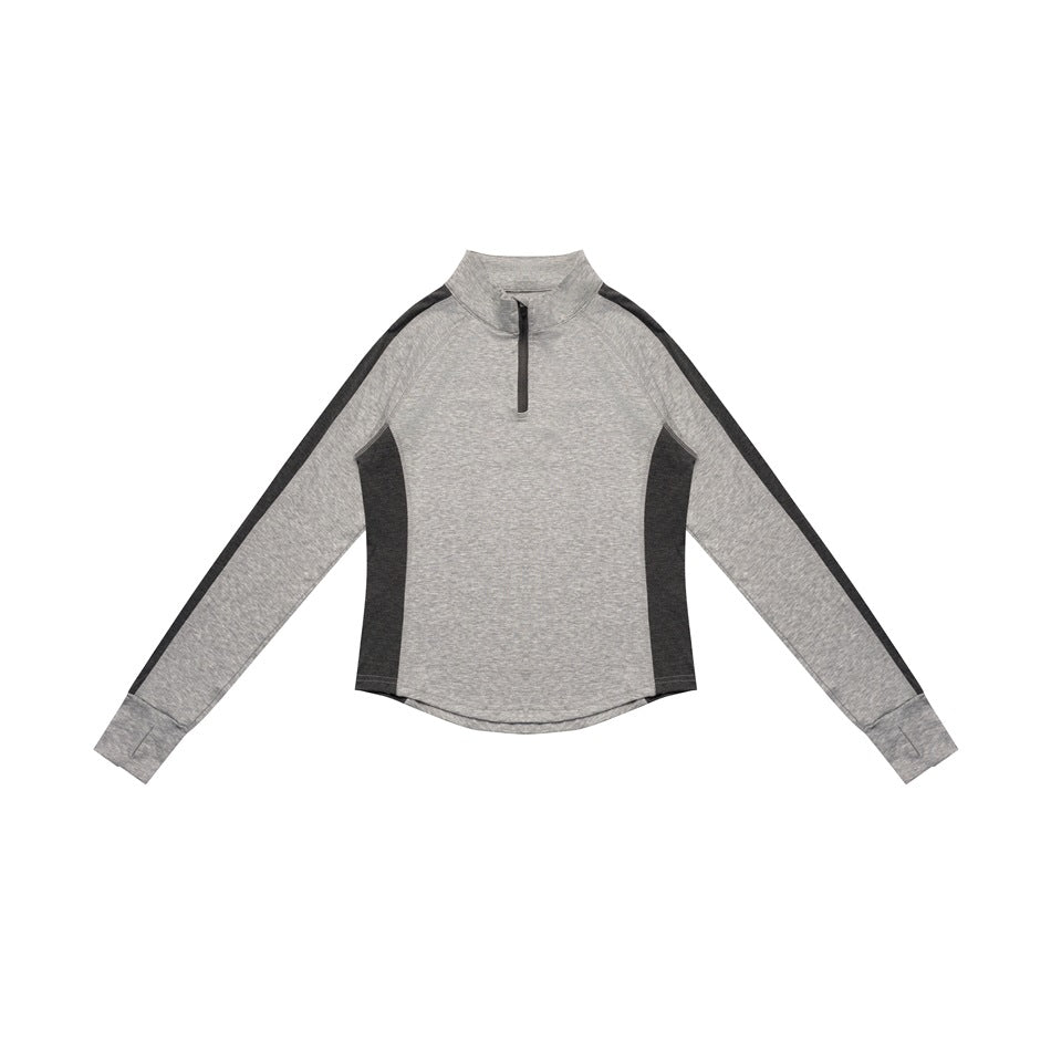 Heather gray long-sleeve half-zip top with charcoal side panels and sleeve stripes, flat lay front view