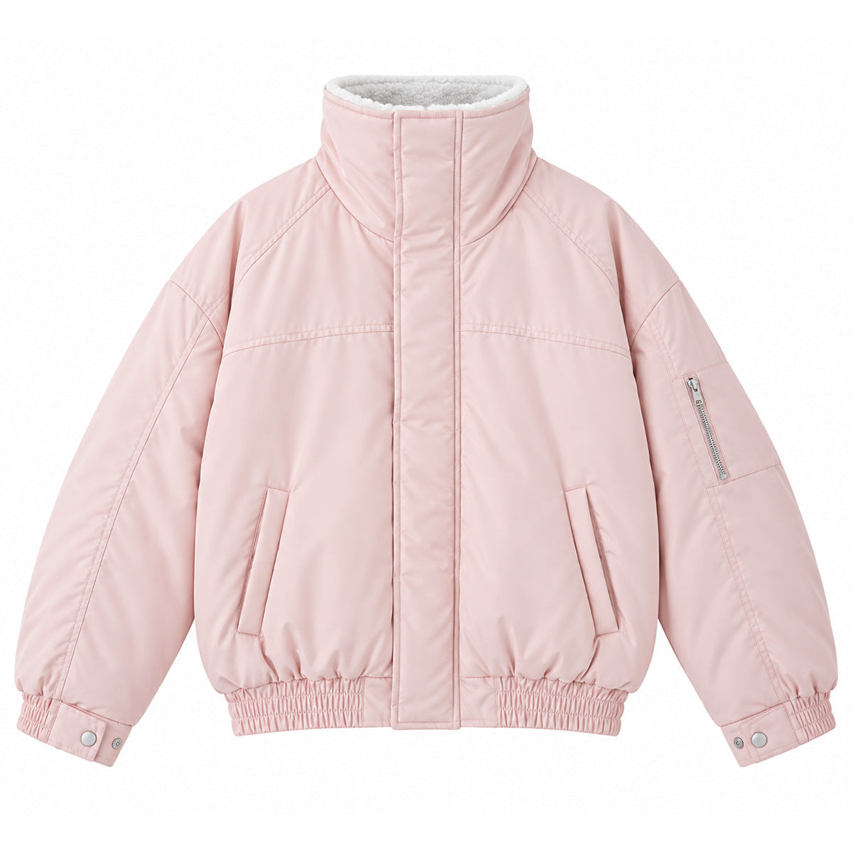 Pink stand-collar padded bomber jacket with white fleece-like collar lining, sleeve zip pocket and elastic hem, flat lay