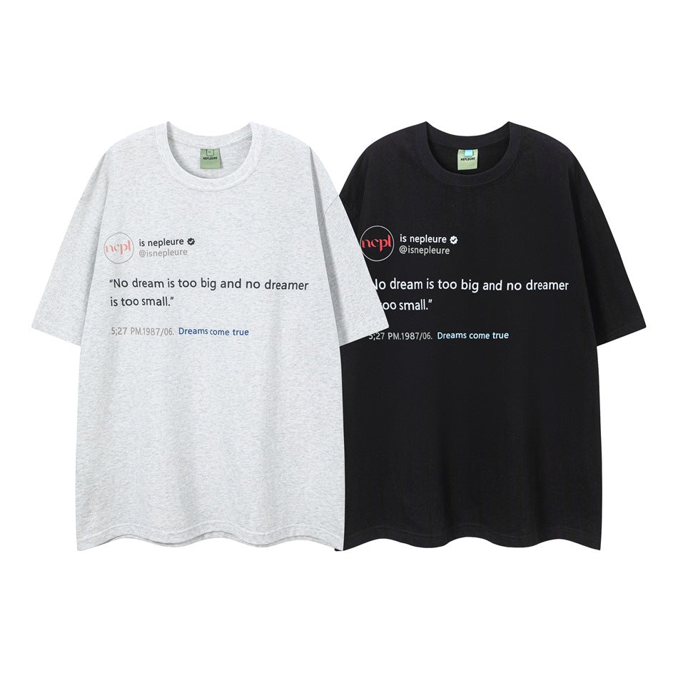 Light gray and black short-sleeve crew-neck T-shirts shown from the front, both with printed English text and graphics.