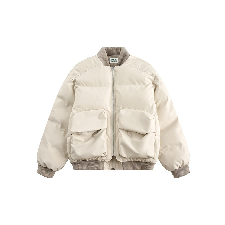 Off-white puffed zip-front bomber jacket with taupe ribbed collar, cuffs and hem and two large flap pockets