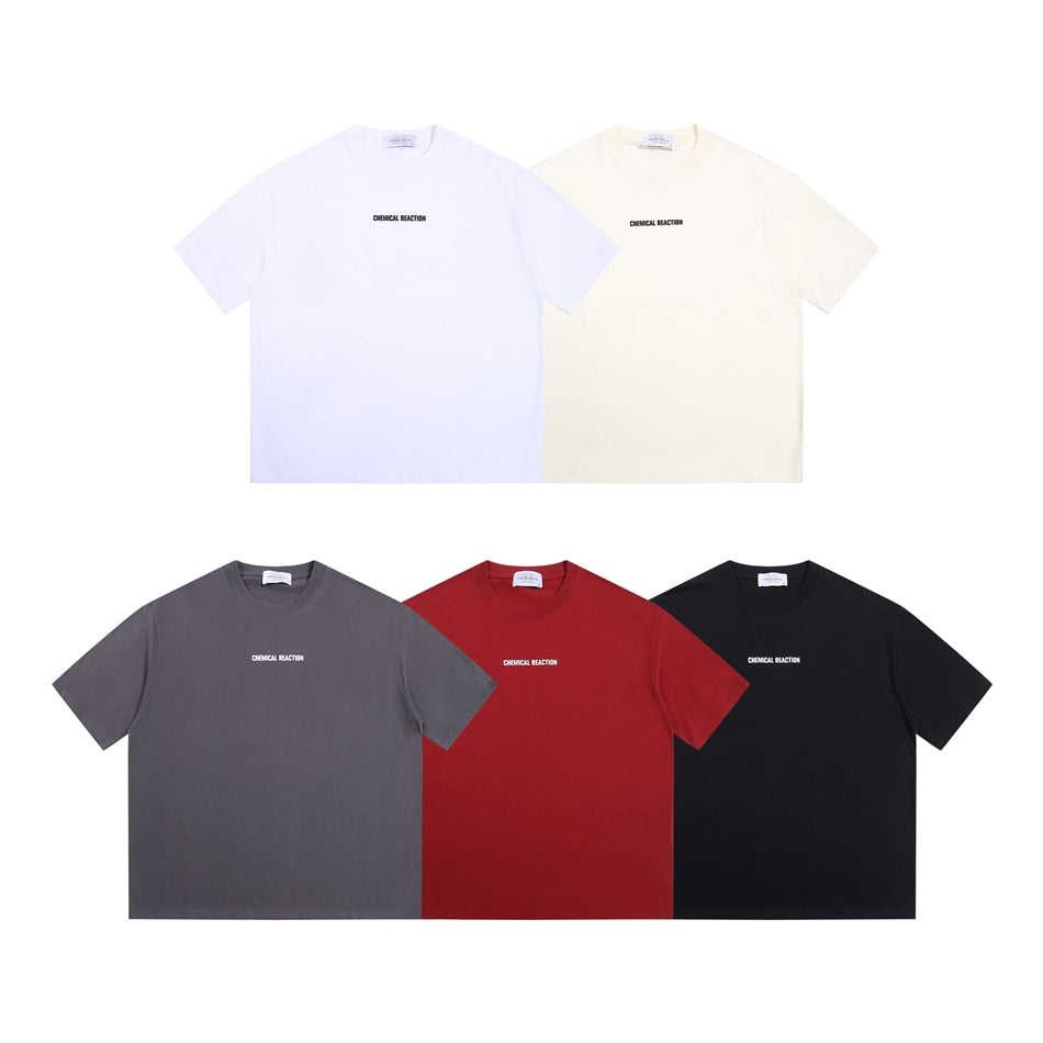 Five short-sleeve crew-neck T-shirts in white, cream, gray, red, and black, each with small chest lettering.