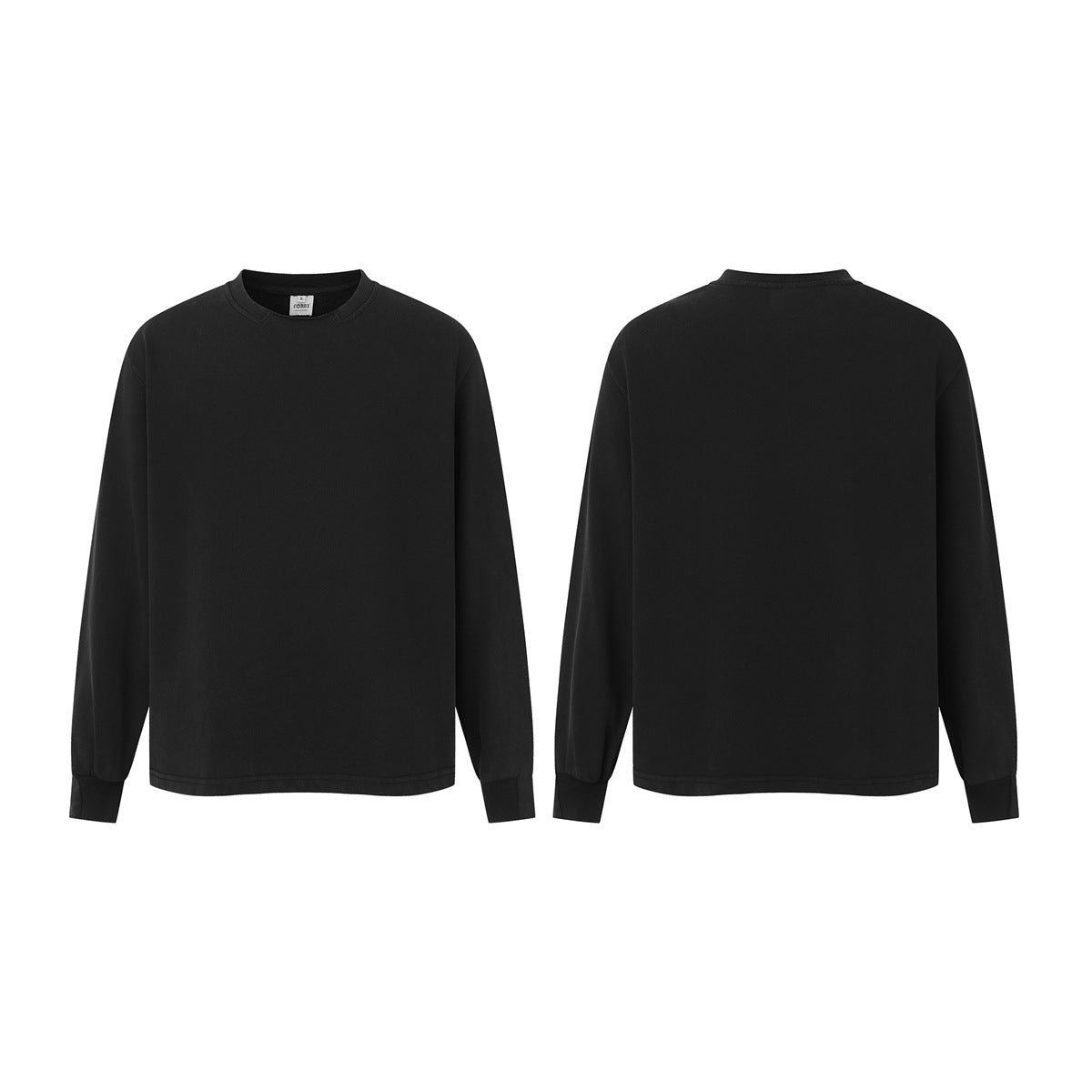 Black crewneck sweatshirt shown flat from the front and back, with long sleeves and ribbed cuffs.