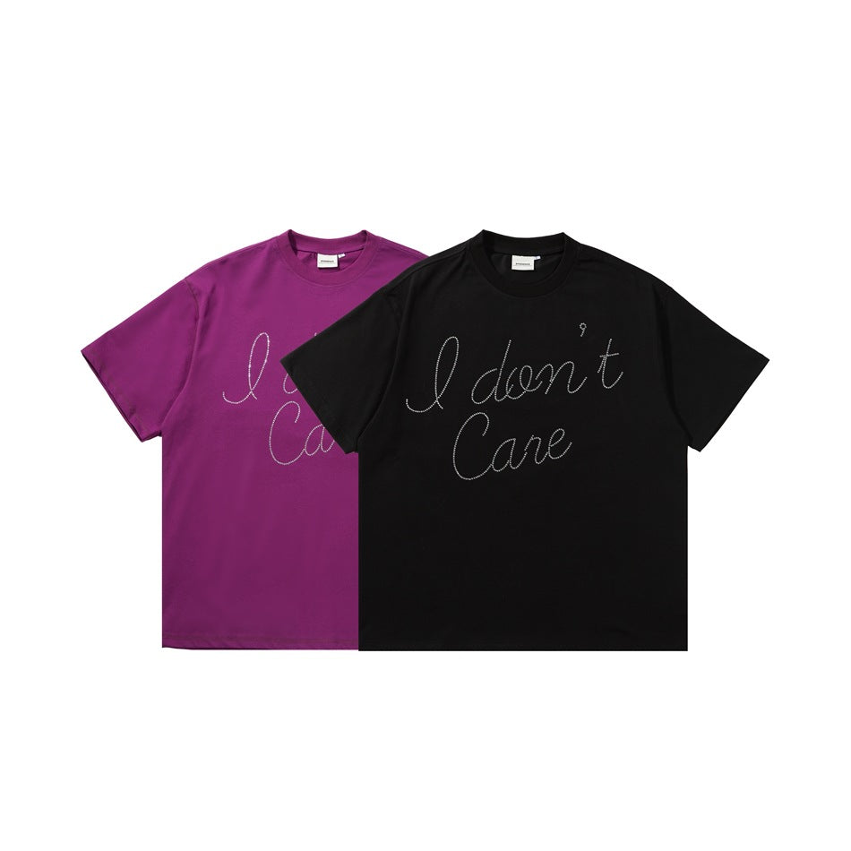Two T-shirts with white cursive lettering shown together in black and magenta.