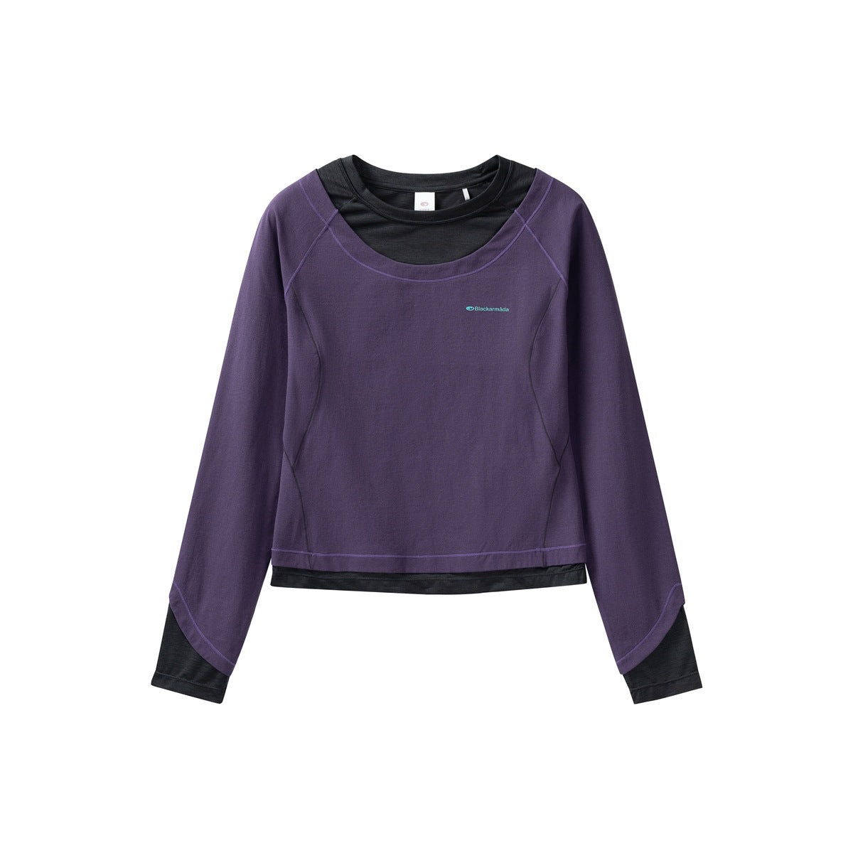 Purple long-sleeve layered-look top with black inner layer at neckline, hem and cuffs, flat lay front