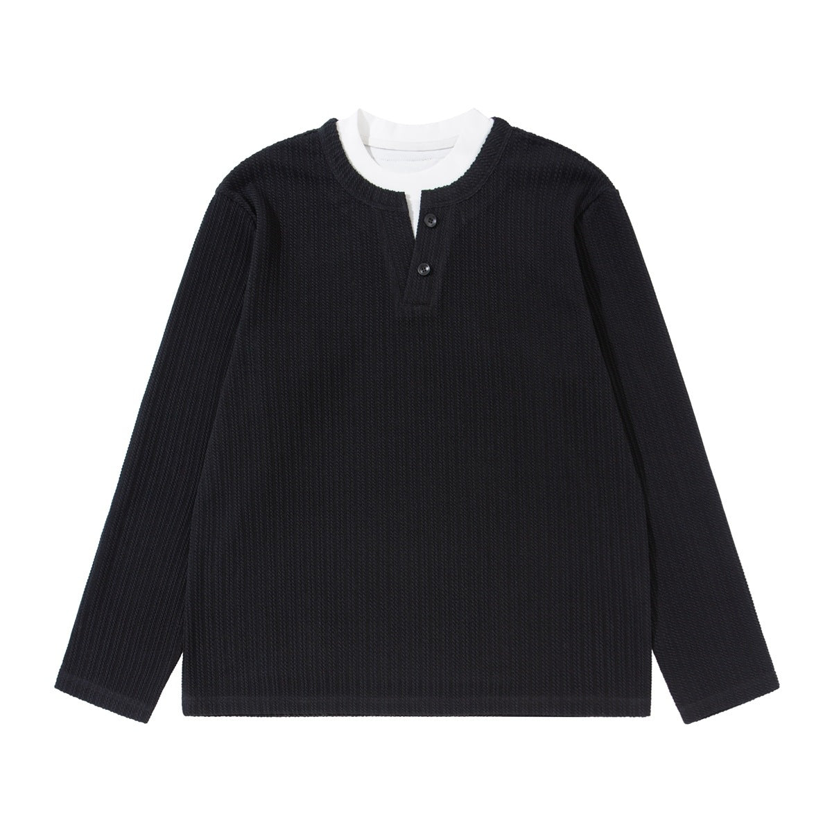 Black textured long-sleeve henley top with two buttons and white inner collar, flat lay front view