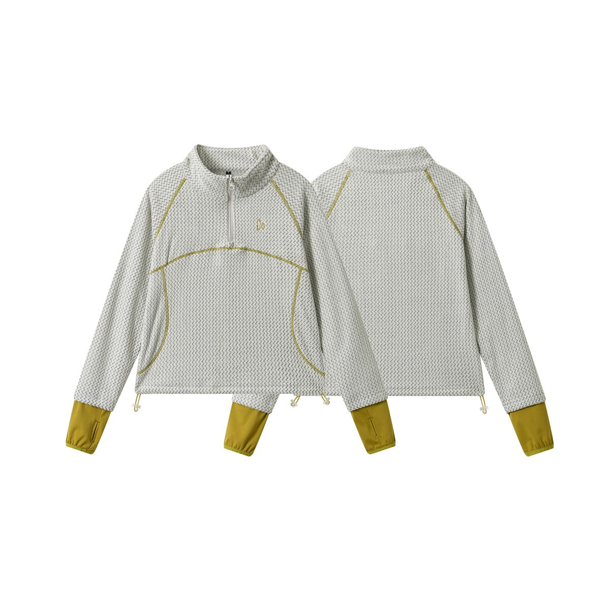 Cream and gray zigzag-patterned quarter-zip top shown from the front and back, with mustard cuffs and seam accents.