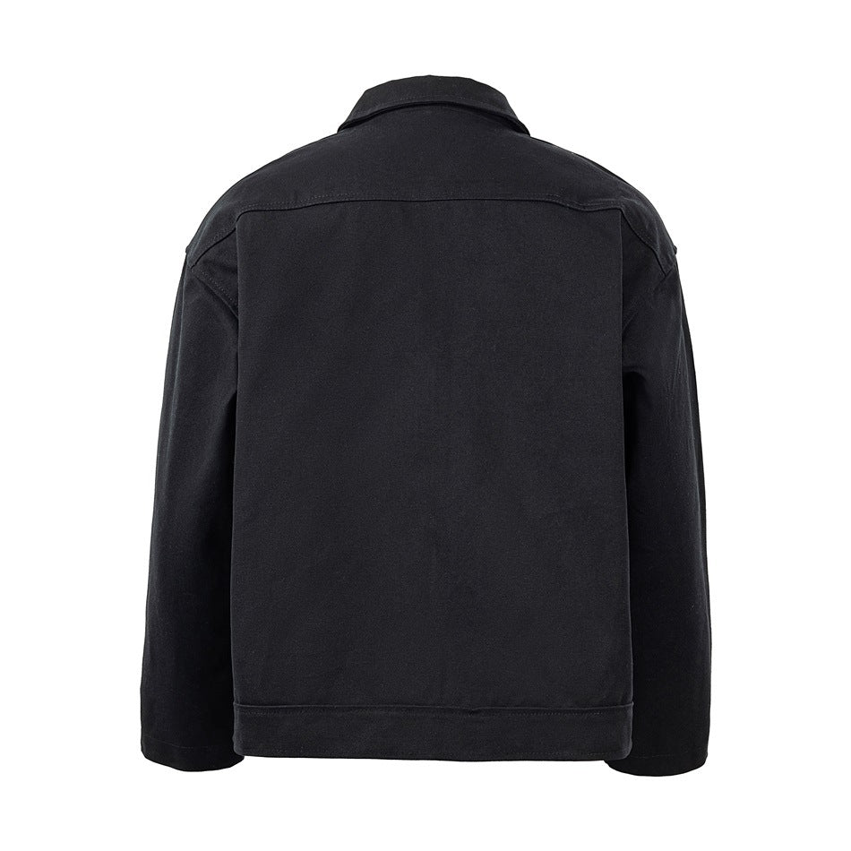 Back view of a plain black collared jacket with long sleeves and a horizontal yoke seam.