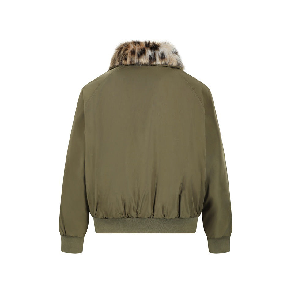 Back view of an olive bomber jacket with a tan and dark-brown faux-fur collar, gathered hem, and ribbed cuffs.