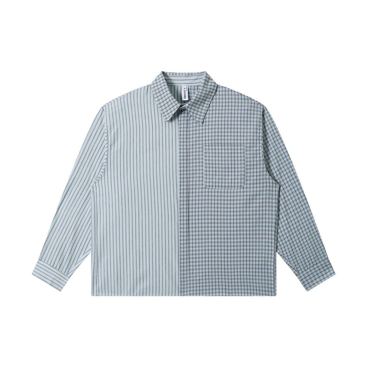 Blue long-sleeve shirt, striped on one half and small checks on the other, with chest pocket, flat lay