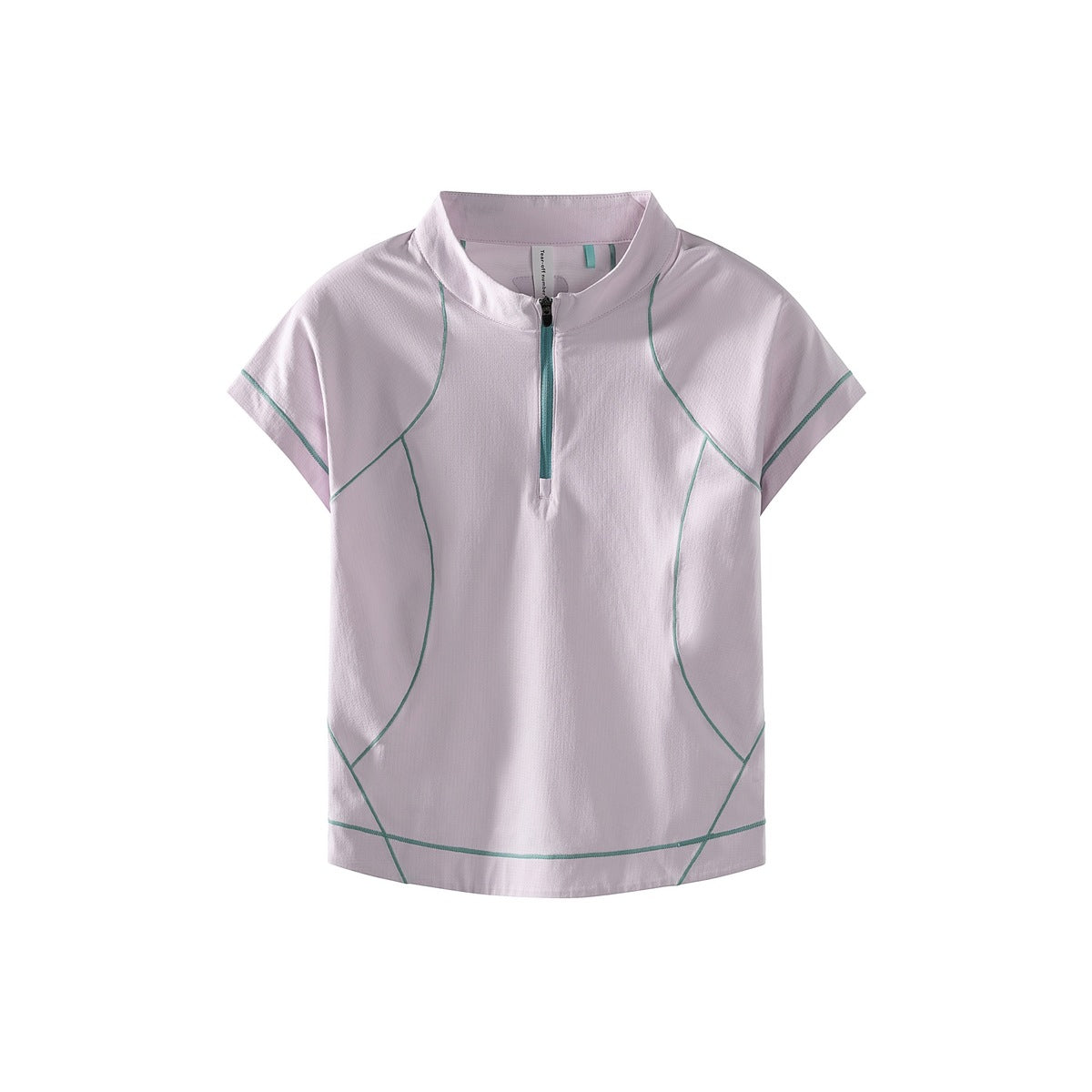 Light pink short-sleeve quarter-zip top with teal contrast topstitching and zipper tape, flat view