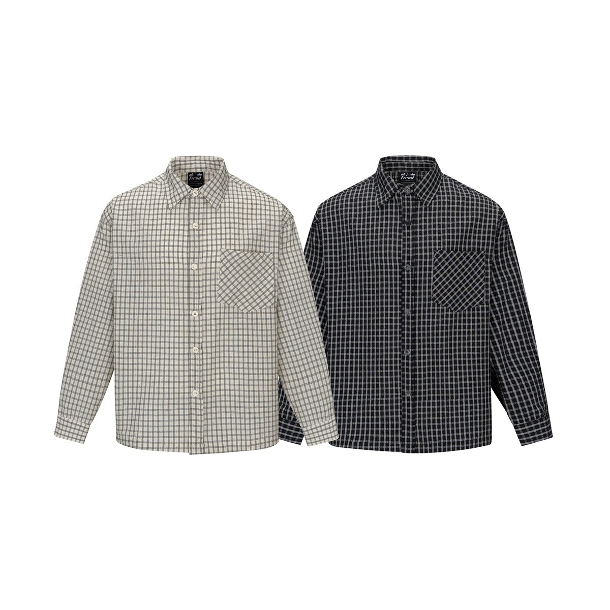Two long-sleeve plaid button-up shirts shown from the front: one light gray and one black, each with a chest pocket.