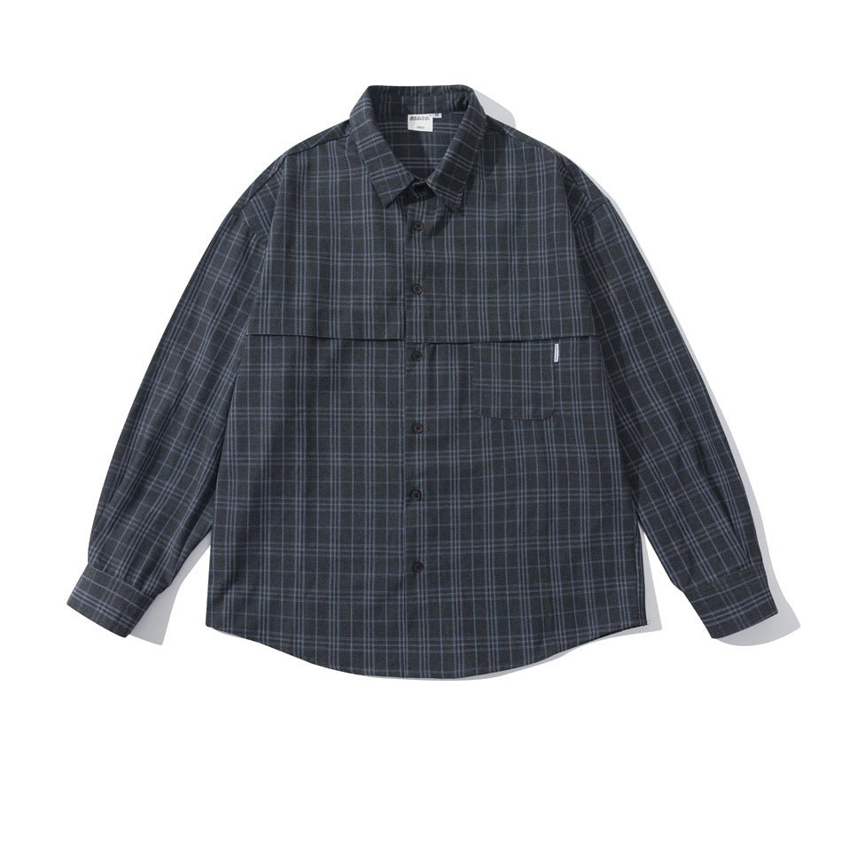 Dark charcoal plaid long-sleeve button-up shirt with chest pocket, flat lay front view