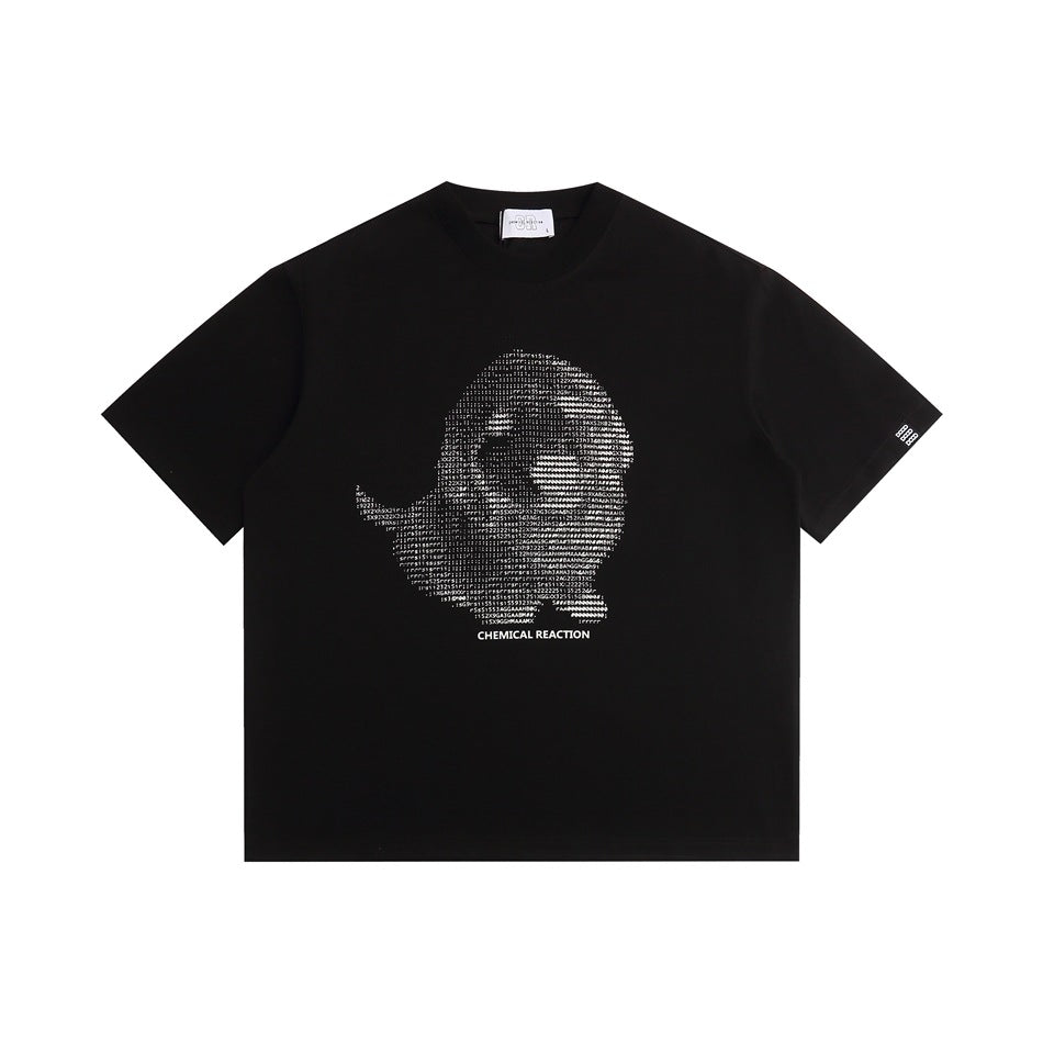 Black short-sleeve crew-neck T-shirt with a pixelated character graphic and 'CHEMICAL REACTION' text, flat lay