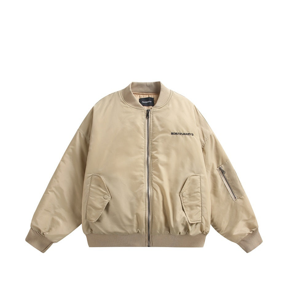 Khaki bomber jacket flat lay, front view with zipper, snap flap pockets, ribbed collar and sleeve zip pocket