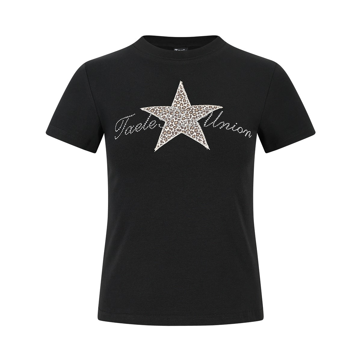 Black short-sleeve crew-neck T-shirt with a leopard-print star and sparkling script across the chest.