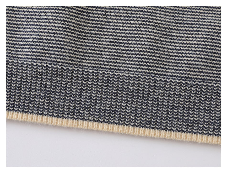Close-up of a navy and cream knit hem with a broad ribbed band and cream edging.
