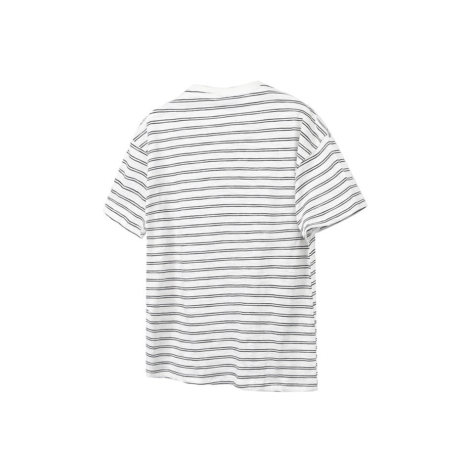 Back view of a white short-sleeve shirt with narrow horizontal black stripes.