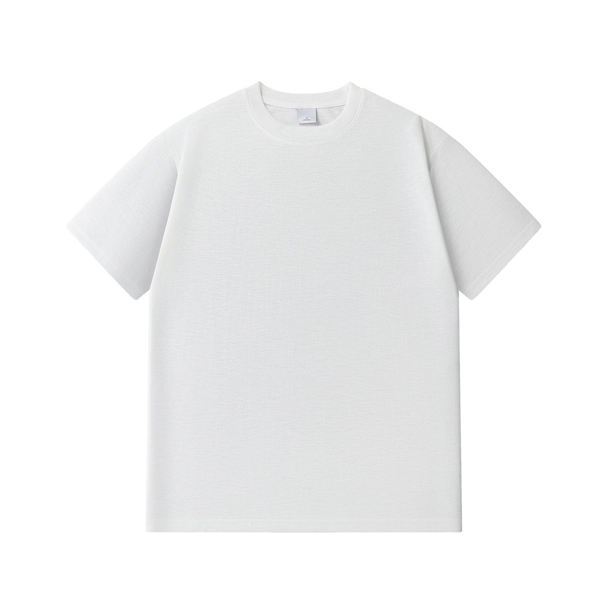White short-sleeve crew-neck T-shirt laid flat, front view, with ribbed collar and dropped shoulders