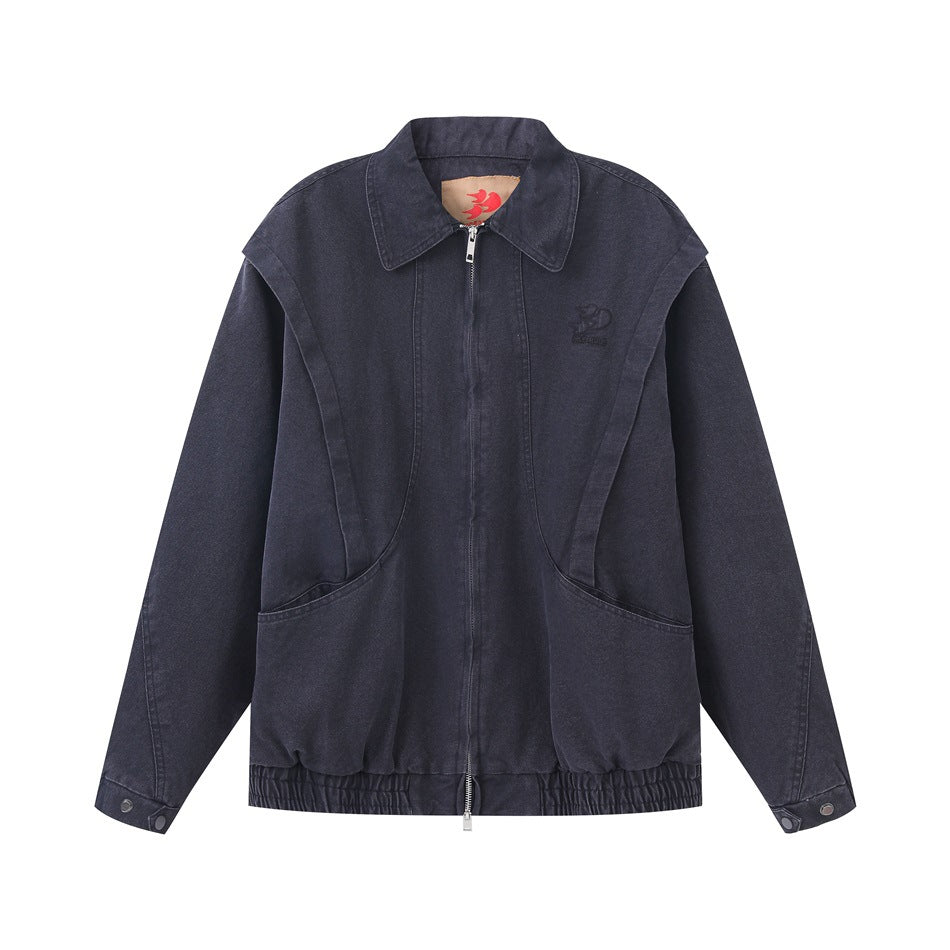 Charcoal gray washed canvas-style zip jacket, flat front view, with curved seams, pockets and elastic hem
