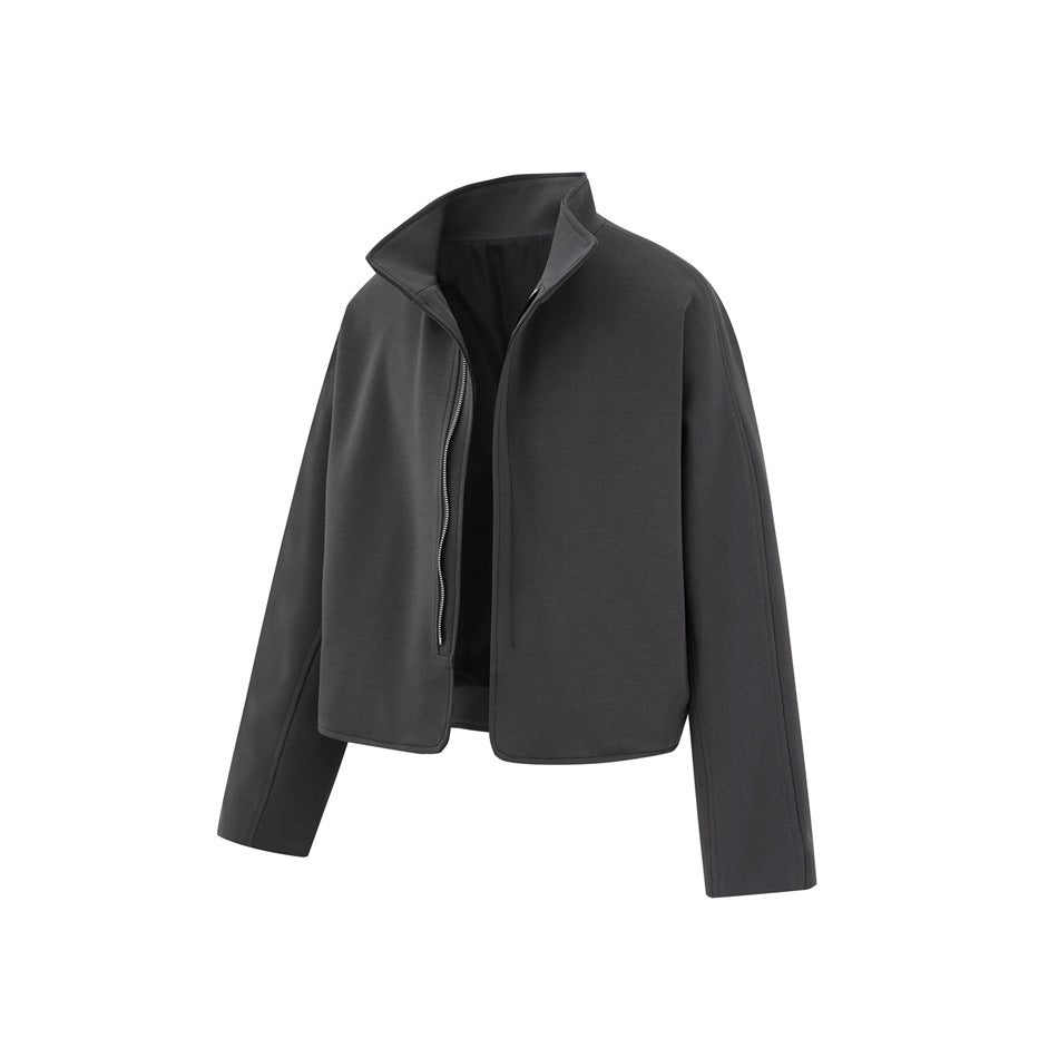 Dark gray cropped stand-collar jacket shown at an angle with the zipper partly open and a dark interior