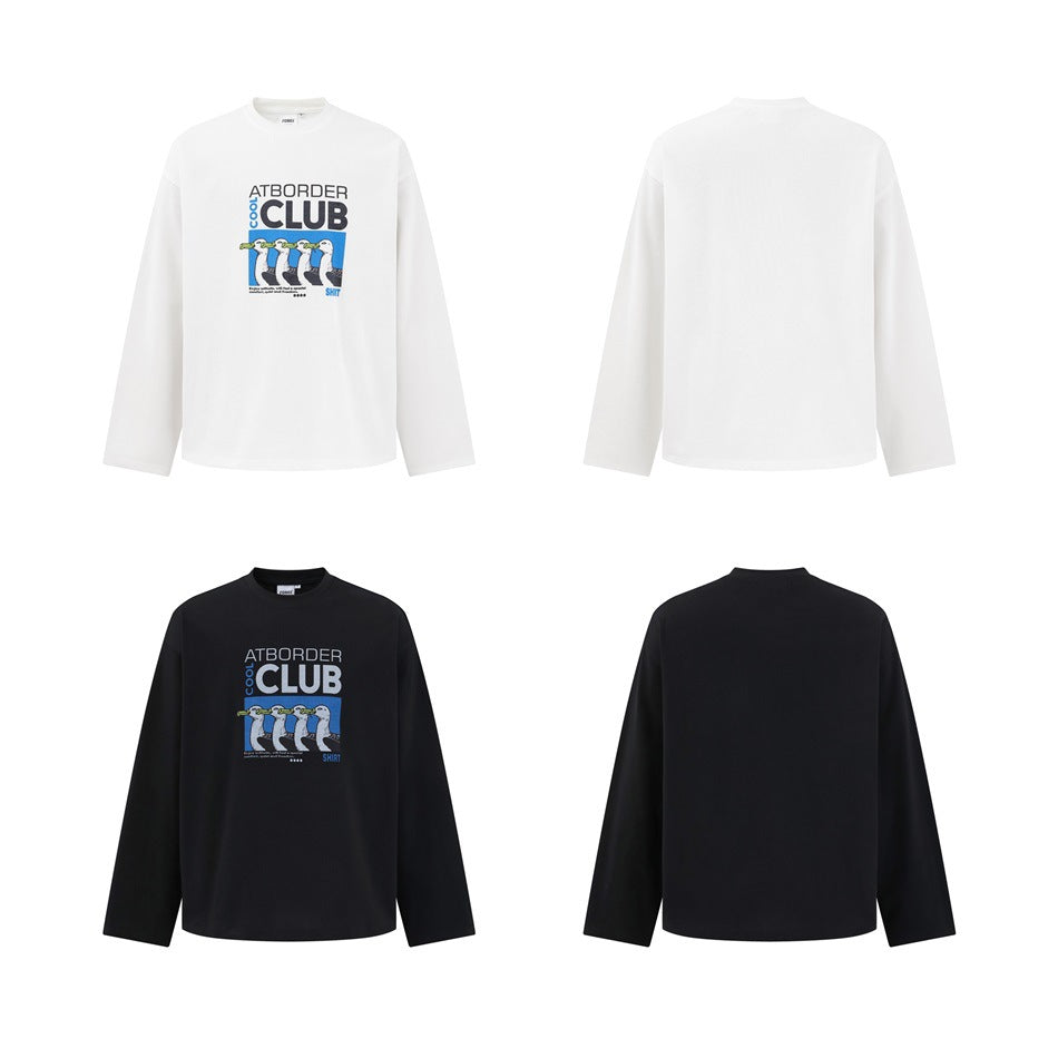 Front and back views of the white and black long-sleeve tops, with the seagull graphic on the front and plain backs