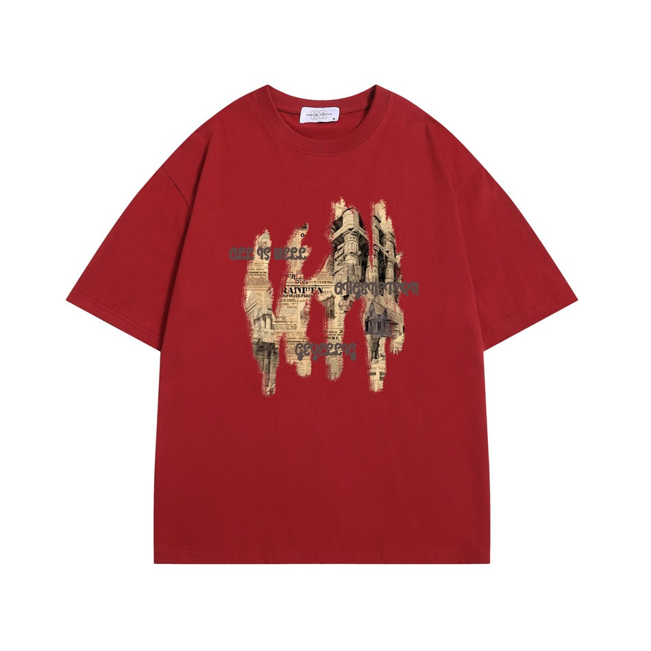 Red short-sleeve crew-neck t-shirt with vintage newspaper and building graphic print on the front