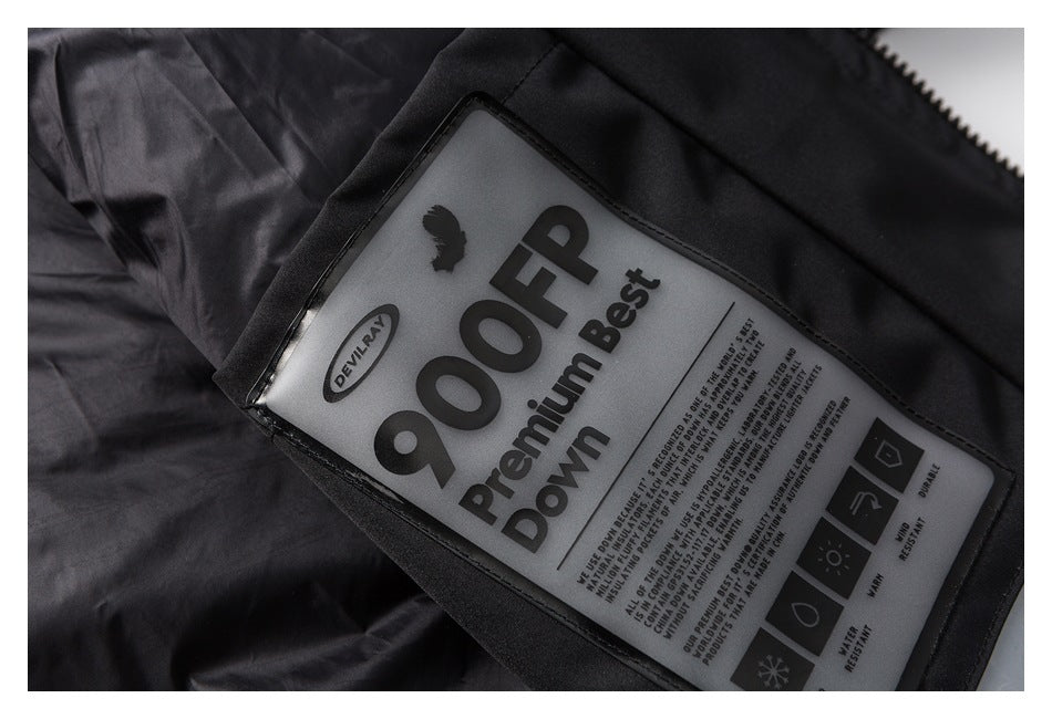 Close-up of a black garment label reading “90FP Premium Best Down,” with English care and warmth icons.