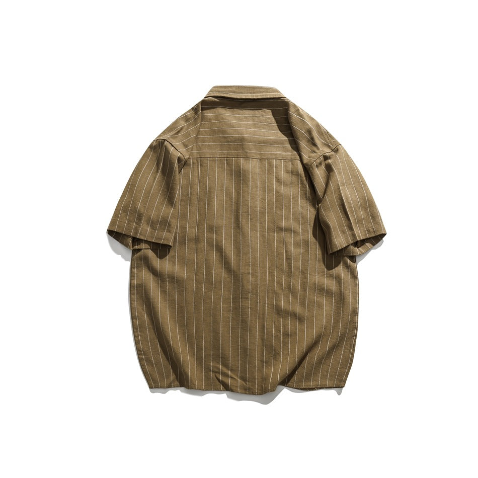 Back view of a tan short-sleeve button-up shirt with thin white pinstripes and a yoke.