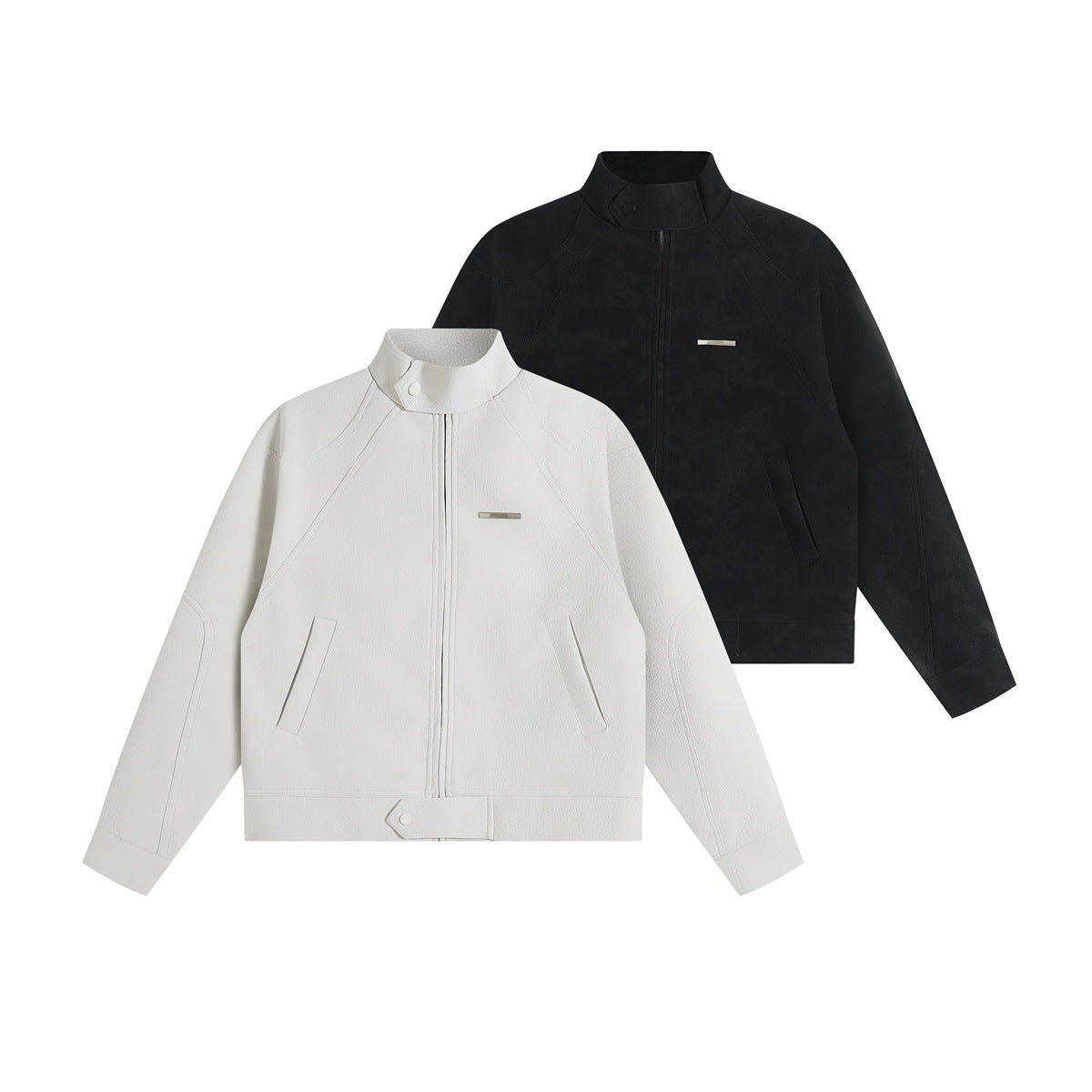Front views of the same high-collar zip jacket in off-white and black, shown together.